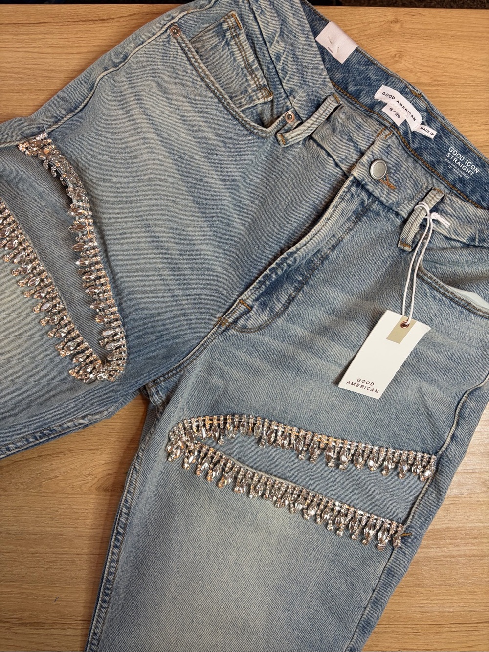 Good American Good Icon Straight Diamond Rhinestone Fringe Jeans 8/29